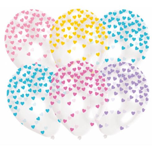 Szív konfettis léggömb, lufi 6 db-os 11 inch (27,5 cm)