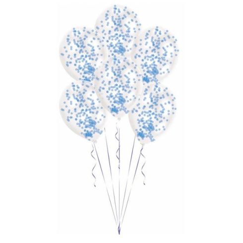 Kék konfettivel töltött léggömb, lufi 6 db-os 11 inch (27,5 cm)