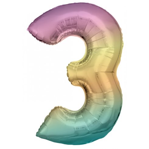 Pastel Rainbow óriás szám fólia lufi 3-as, 83 cm