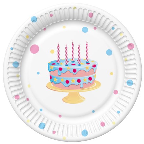Happy Birthday Cake with Balloons papírtányér 8 db-os 22,7 cm