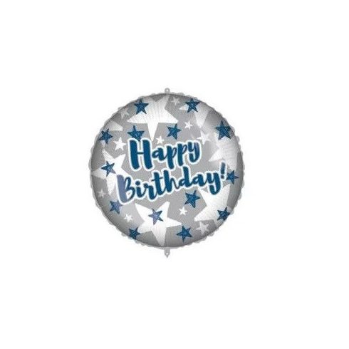 Happy Birthday Blue Silver Stars fólia lufi 46 cm